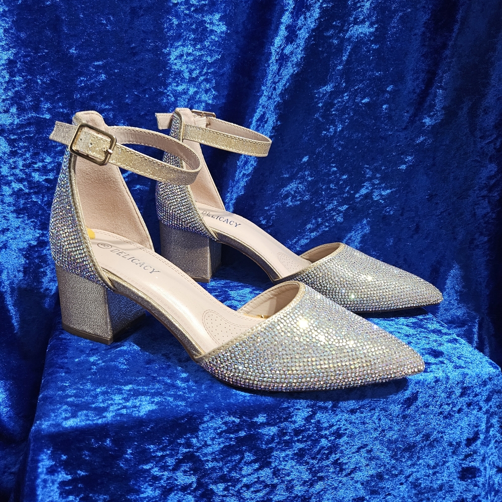 DELICACY, Size 8, gold and rhinestone with Chunky heels and ankle straps